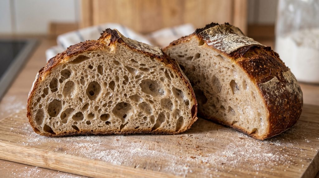Angeschnittenes, frisch gebackenes Sauerteigbrot auf einem Holzbrett mit einer wilden, offenen Krumenstruktur und dunkler, knuspriger Kruste