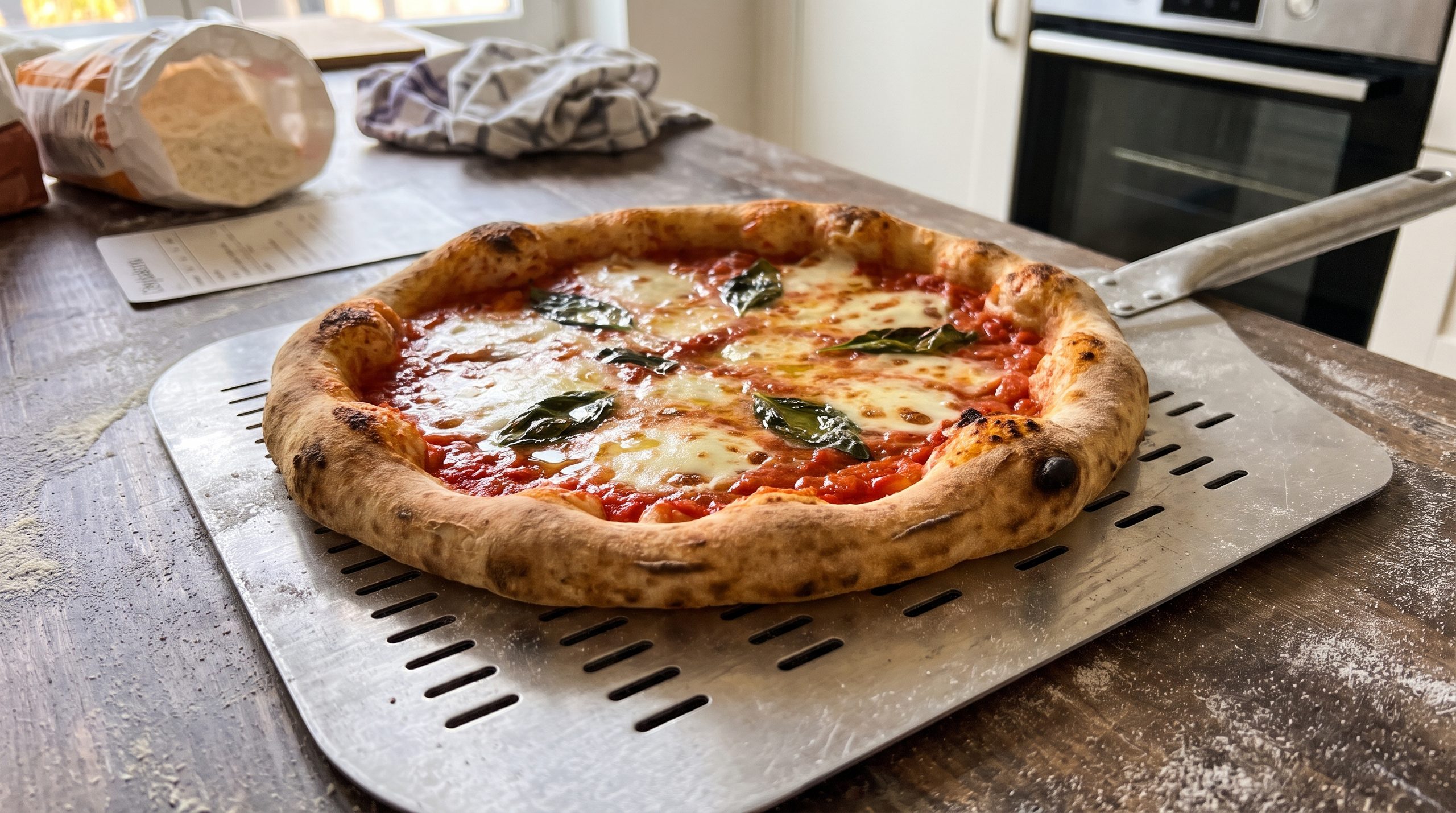 Authentische Pizza Napoletana mit luftiger Cornicione bei maximal 275–300 °C: Wie ein 100-%-Poolish, gezielte Enzymatik und die Wärmeleitfähigkeit eines Backstahls das thermodynamische Defizit des Heimofens ausgleichen.