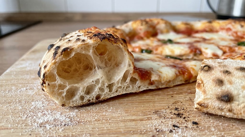 Schnittbild einer Pizza mit extremer Porung und riesigen Luftblasen im Rand durch Hitzeschock