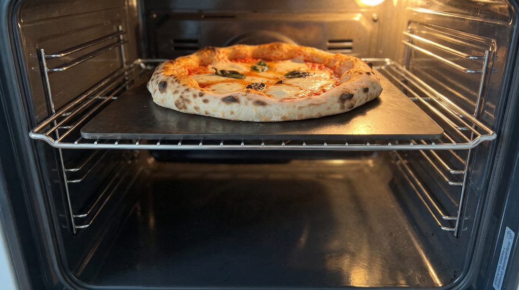 Neapolitanische Pizza backt auf einem 8mm Backstahl im Haushaltsbackofen auf zweiter Schiene von oben