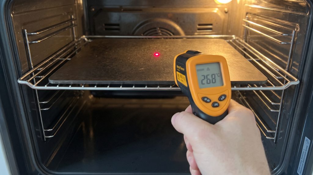 Infrarot-Thermometer misst 268 Grad Oberflächentemperatur auf vorgeheiztem Pizzastahl