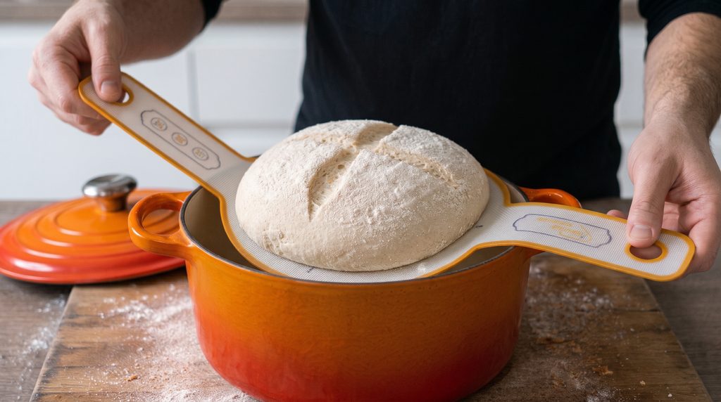 Sauerteigling wird auf einer Silikon-Backmatte in den vorgeheizten Gusseisentopf gehoben.