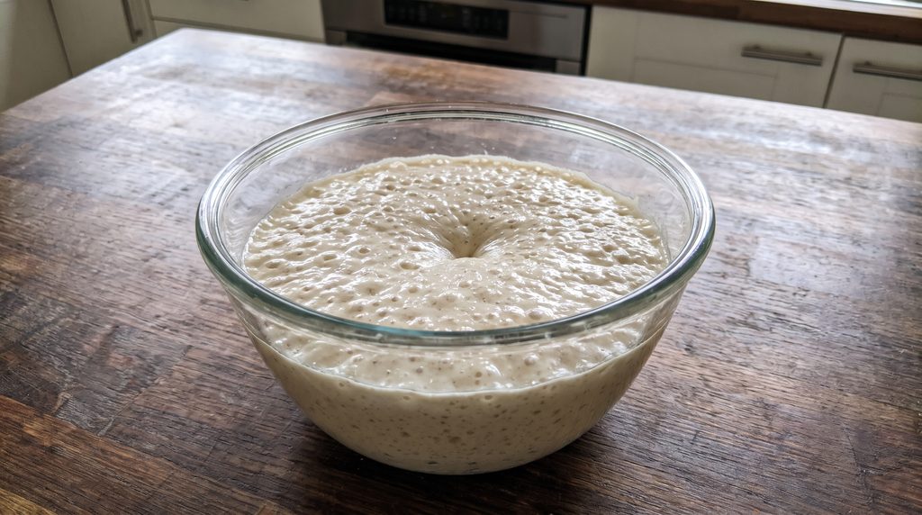 Aktiver Poolish Pizzavorteig mit Bläschen